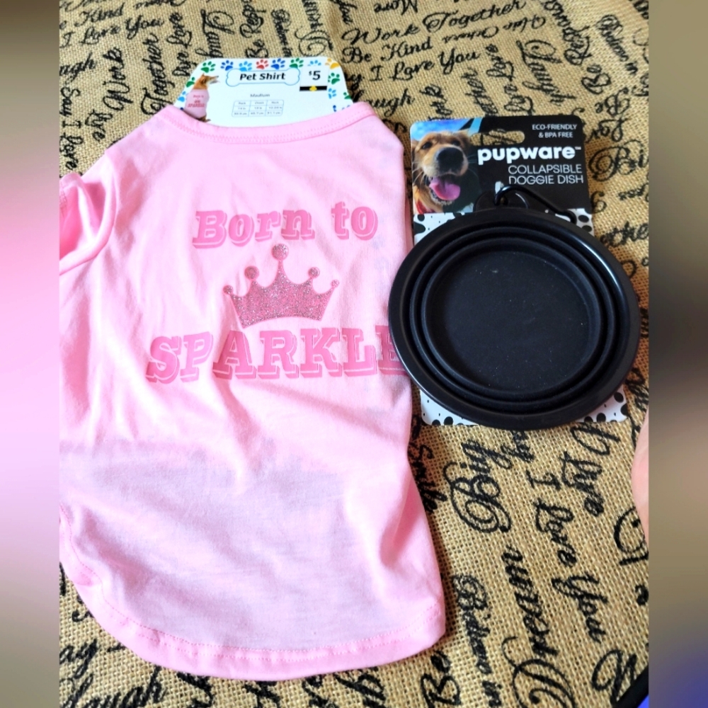 Pupware portable, collapsable dog dish, medium dog shirt-pink/black